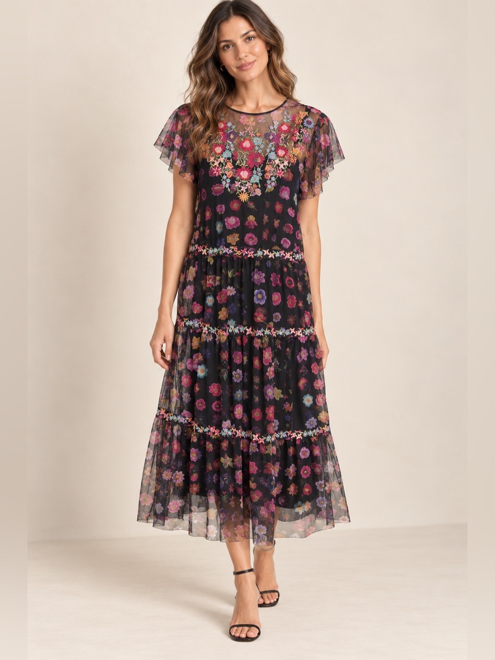Johnny Was | Rheia Tiered Mesh Embroidered Floral Midi Dress | M